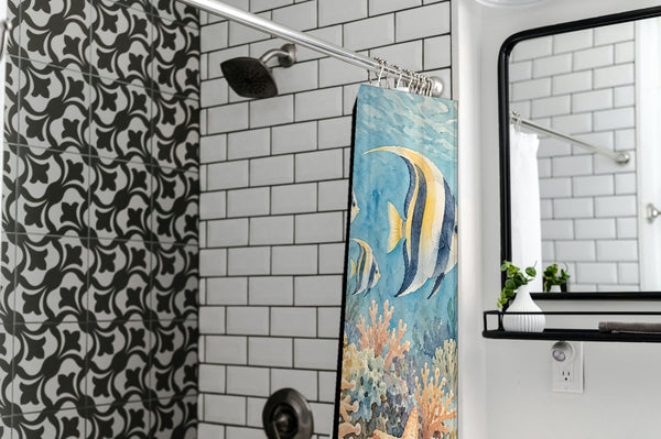 Coral Reef Ocean shower curtain in a modern farmhouse bathroom with subway tile