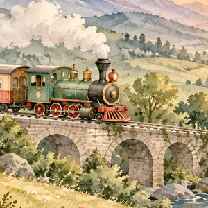 Sunrise Train shower curtain, close up of the watercolor artwork