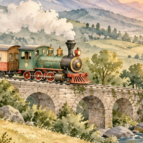 Sunrise Train shower curtain, close up of the watercolor artwork