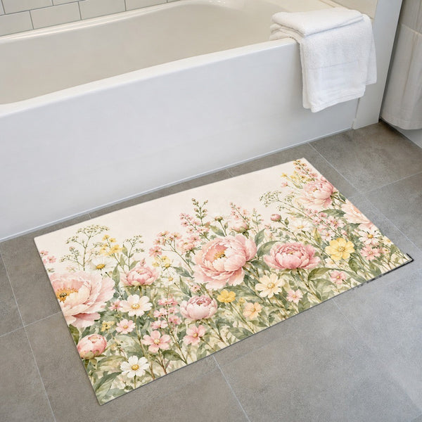 Peony Garden bath mat on the floor in front of the tub