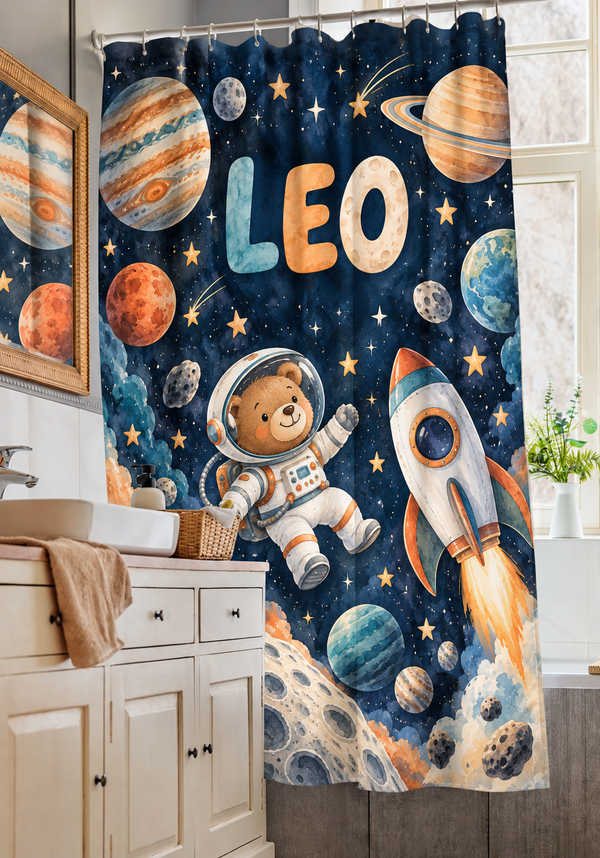 Space Explorers personalized kids shower curtain over a bathtub