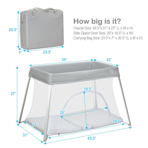 Lightweight foldable baby playpen with carry bag, perfect for safe play and sleep on the go. Angle view.