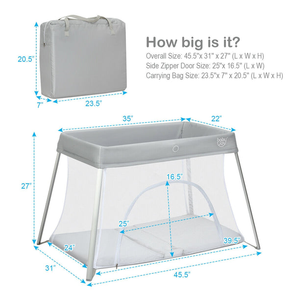 Lightweight foldable baby playpen with carry bag, perfect for safe play and sleep on the go. Angle view.