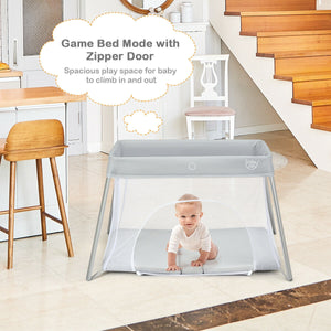 Lightweight foldable baby playpen with carry bag, perfect for safe play and sleep, shown from angle 3.