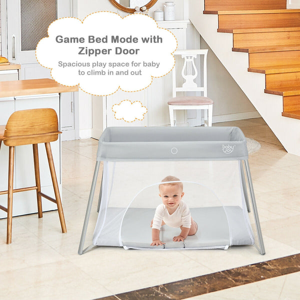 Lightweight foldable baby playpen with carry bag, perfect for safe play and sleep, shown from angle 3.