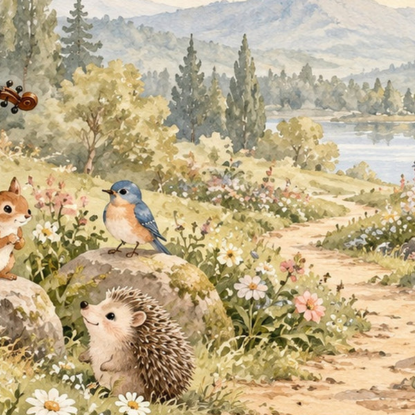 Rabbit Violin shower curtain, close up of the watercolor artwork