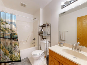 Coastal Train shower curtain on a tub shower combo in an American family bathroom