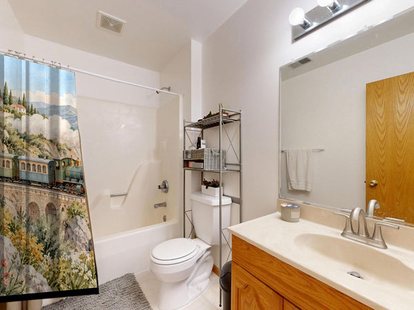Coastal Train shower curtain on a tub shower combo in an American family bathroom