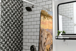 Sunset Savanna shower curtain in a modern farmhouse bathroom with subway tile