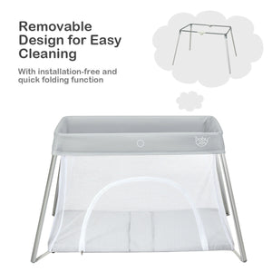 Lightweight foldable baby playpen with carry bag, perfect for safe play and sleep on the go. Angle view 4.