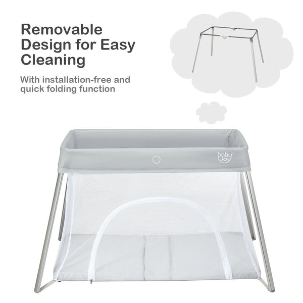 Lightweight foldable baby playpen with carry bag, perfect for safe play and sleep on the go. Angle view 4.