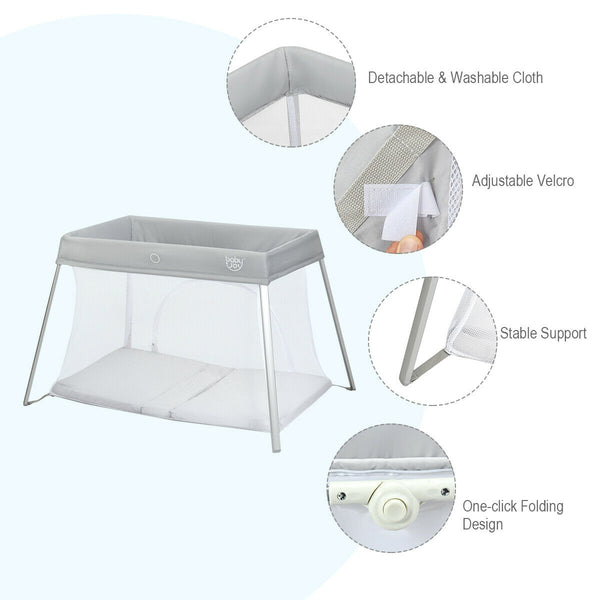 Lightweight foldable baby playpen with carry bag, perfect for safe play and easy transport.
