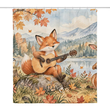 Fox Guitar shower curtain, full front view of the 71 x 74 in fabric curtain