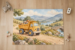 Top view of the Dump Truck Road kids area rug on a wood floor