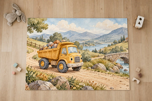 Top view of the Dump Truck Road kids area rug on a wood floor