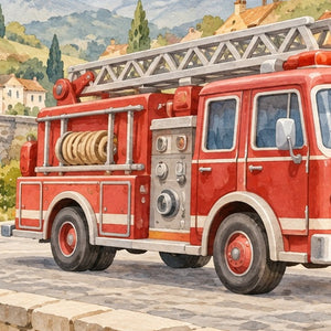 Fire Truck Town shower curtain, close up of the watercolor artwork