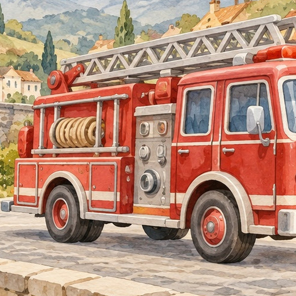 Fire Truck Town shower curtain, close up of the watercolor artwork