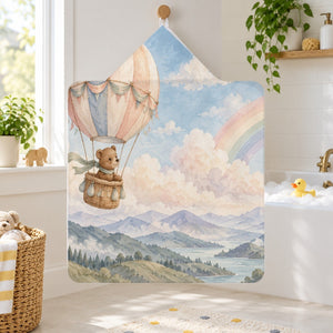 Bear Hot Air Balloon kids hooded bath towel hanging in a kids bathroom