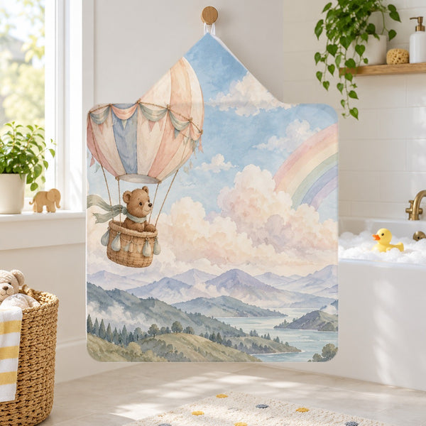 Bear Hot Air Balloon kids hooded bath towel hanging in a kids bathroom