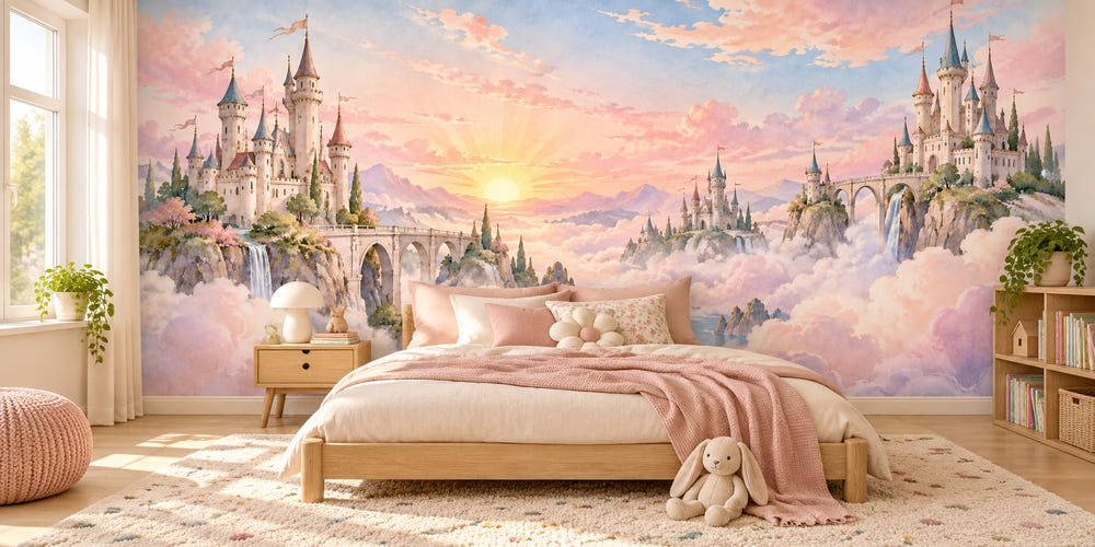 Watercolor Cloud Towers Fairy Tale Wall Mural, image 1
