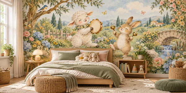 Watercolor Lamb and Bunny Music Wall Mural, image 2