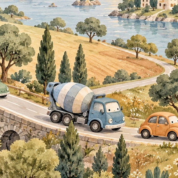 Vehicle Parade shower curtain, close up of the watercolor artwork