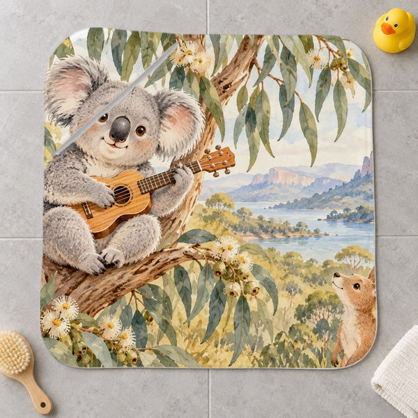 Koala Ukulele kids hooded bath towel laid flat