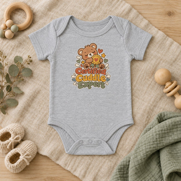 Certified Cuddle Expert baby bodysuit in heather grey