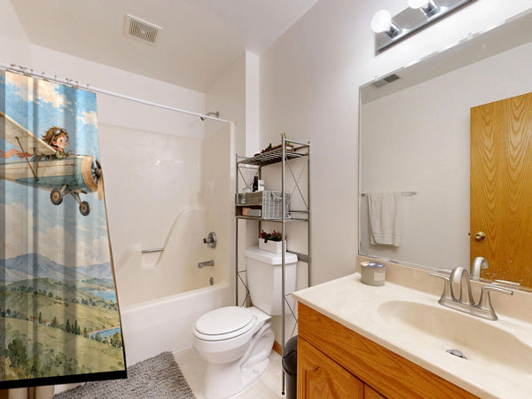 Vintage Airplane shower curtain on a tub shower combo in an American family bathroom
