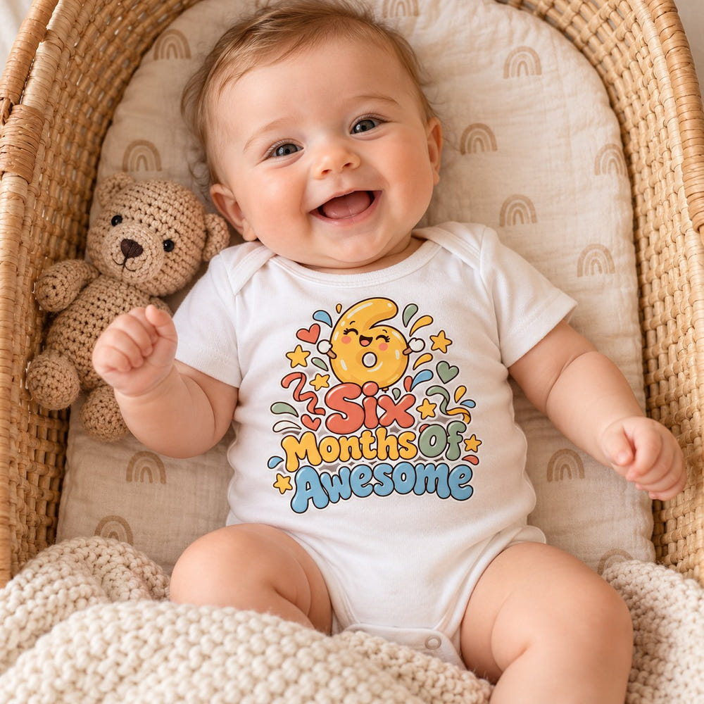 Baby wearing the Halfway To One baby bodysuit