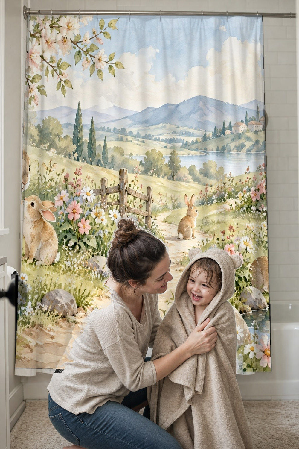 Peaceful Garden Bunny shower curtain, full front view of the 71 x 74 in fabric curtain