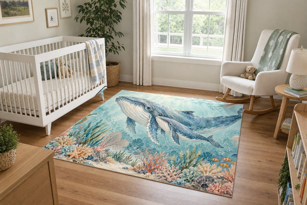 Whale Family Ocean area rug in a calm nursery with a white crib