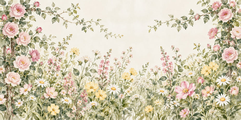 Watercolor Climbing Rose Garden Wall Mural, image 1