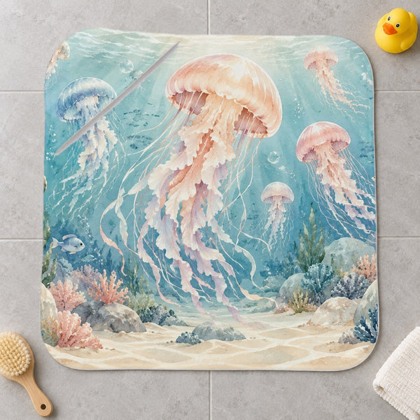 Jellyfish Garden Ocean kids hooded bath towel laid flat