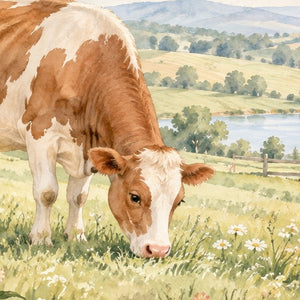 Cow and Calf Farm shower curtain, close up of the watercolor artwork