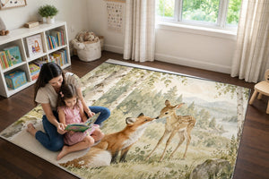 Mom and daughter reading a book on the Fox and Fawn play rug