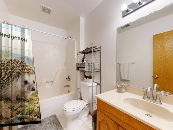 H is for Hedgehog Alphabet shower curtain on a tub shower combo in an American family bathroom