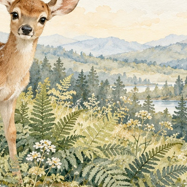 D is for Deer Alphabet shower curtain, close up of the watercolor artwork
