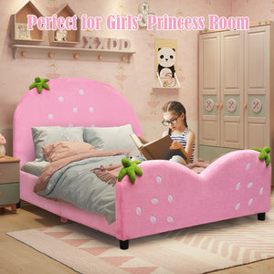 Kids upholstered toddler bed with berry pattern, perfect for playful and cozy sleep. Angle view.