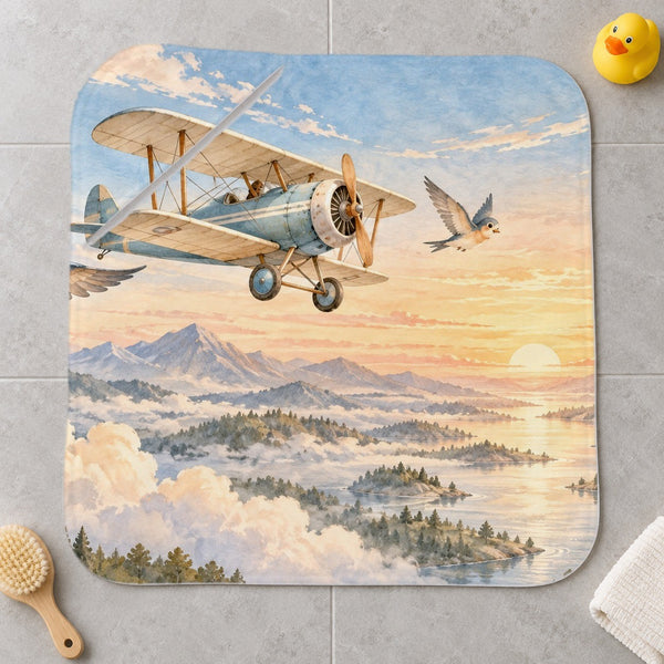 Birds and Biplane kids hooded bath towel laid flat