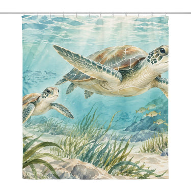 Sea Turtles Ocean shower curtain, full front view of the 71 x 74 in fabric curtain