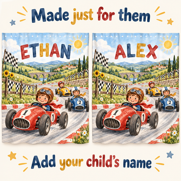 Add your child's name to the Race Day shower curtain