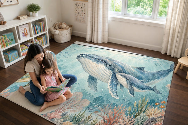 Mom and daughter reading a book on the Whale Family Ocean play rug