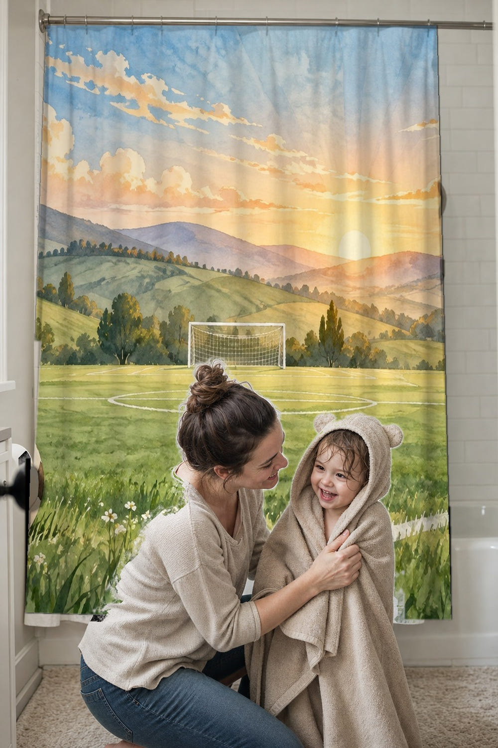 Sunrise Pitch Soccer shower curtain, full front view of the 71 x 74 in fabric curtain