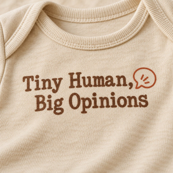 Close-up of the Tiny Human, Big Opinions baby bodysuit print