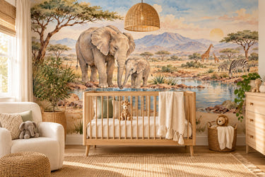 Watercolor Elephant Family Safari Wall Mural, image 1