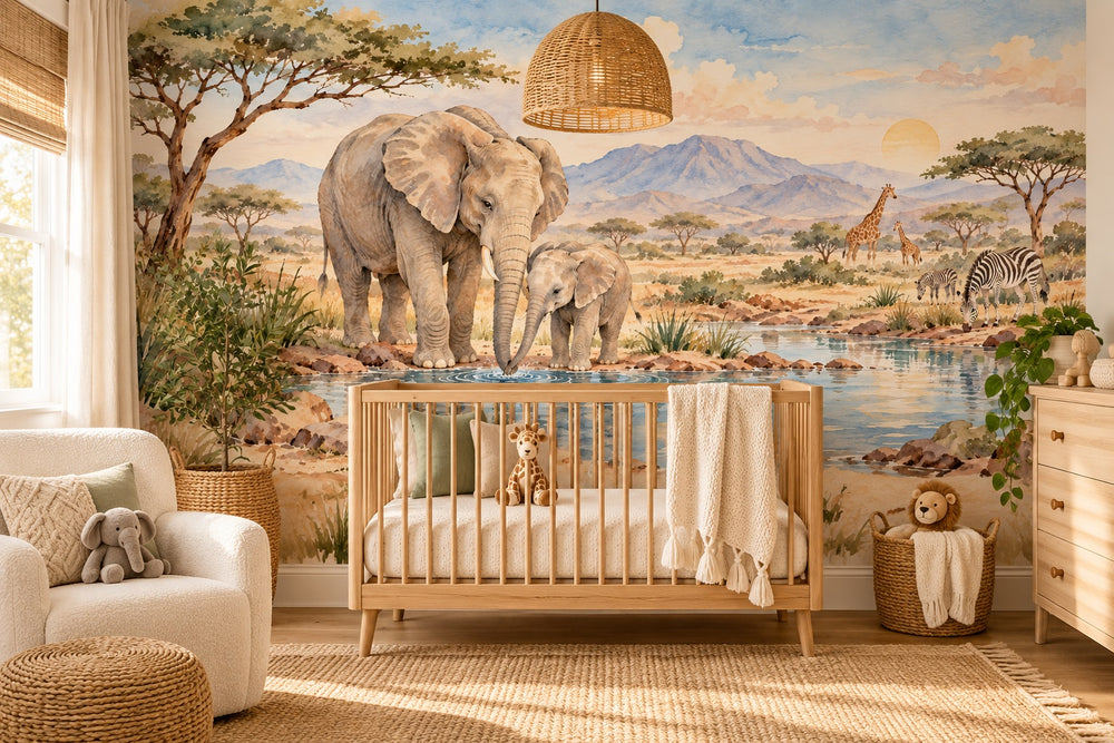 Watercolor Elephant Family Safari Wall Mural, image 1