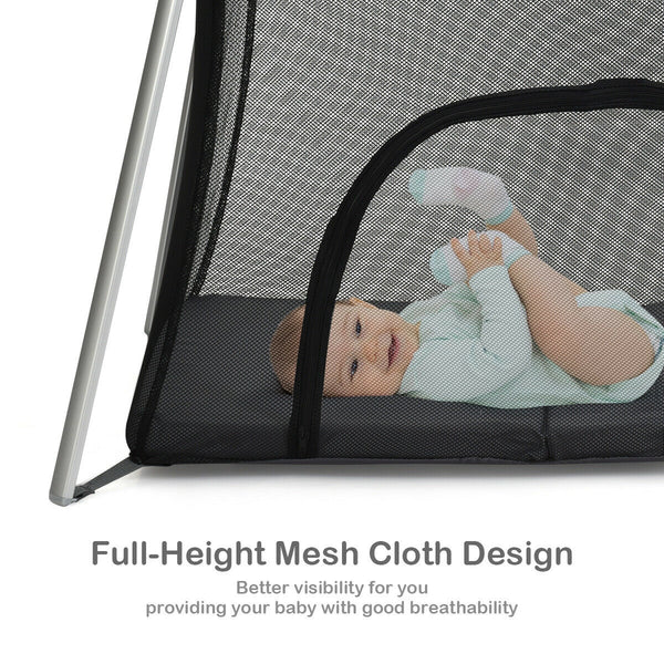 Lightweight foldable baby playpen with carry bag, perfect for safe play and sleep on the go.