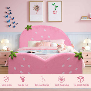 Upholstered toddler bed with berry pattern, perfect for kids' rooms and playtime. Angle view showcasing design.