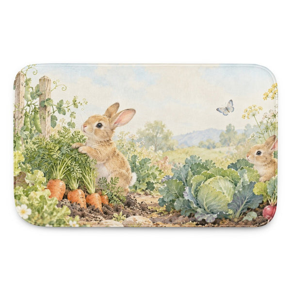 Vegetable Garden Bunny kids bath mat, full view of the printed design